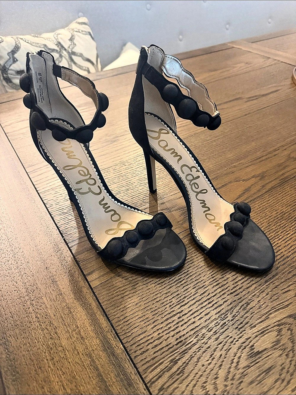 Sam Edelman Addison Pom Ankle Strap Heel Black Beaded Ankle Strap Heels